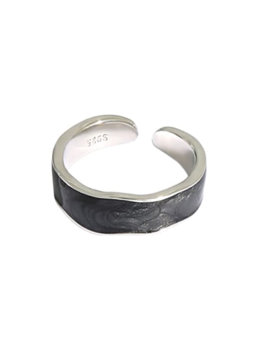 Platinum [black gutta percha] 925 Sterling Silver Enamel Round Vintage Band Ring